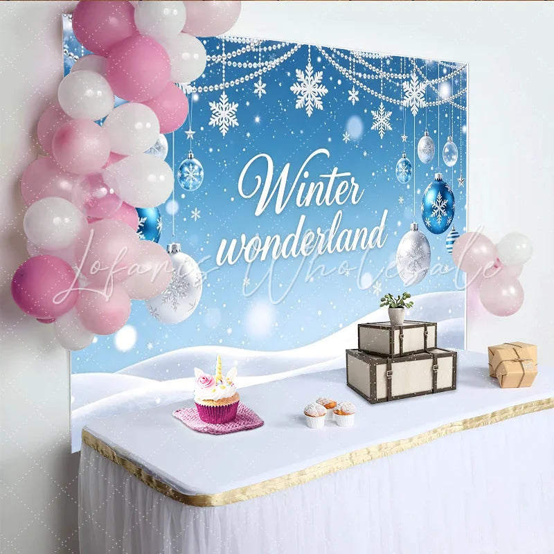Lofaris Blue Winter Wonderland Backdrop with Snowflakes and Ornaments Festive Photography Background for Holiday Party Decoration