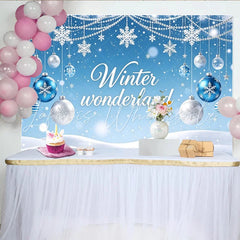 Lofaris Blue Winter Wonderland Backdrop with Snowflakes and Ornaments Festive Photography Background for Holiday Party Decoration