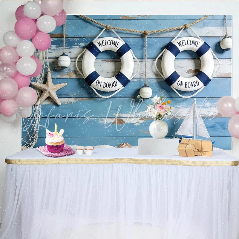 Lofaris Blue Wood Nautical Photography Backdrop with Lifebuoys Sailboat Perfect Studio Background for Coastal Photoshoots and Event Decor