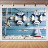 Lofaris Blue Wood Nautical Photography Backdrop with Lifebuoys Sailboat Perfect Studio Background for Coastal Photoshoots and Event Decor