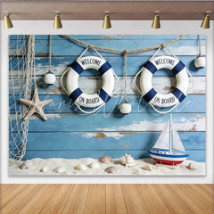Lofaris Blue Wood Nautical Photography Backdrop with Lifebuoys Sailboat Perfect Studio Background for Coastal Photoshoots and Event Decor