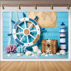 Lofaris Blue Wood Nautical Photography Backdrop with Ship Wheel and Lighthouse Ocean Theme Background for Studio Photoshoot and Party Decor