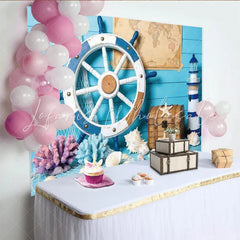 Lofaris Blue Wood Nautical Photography Backdrop with Ship Wheel and Lighthouse Ocean Theme Background for Studio Photoshoot and Party Decor