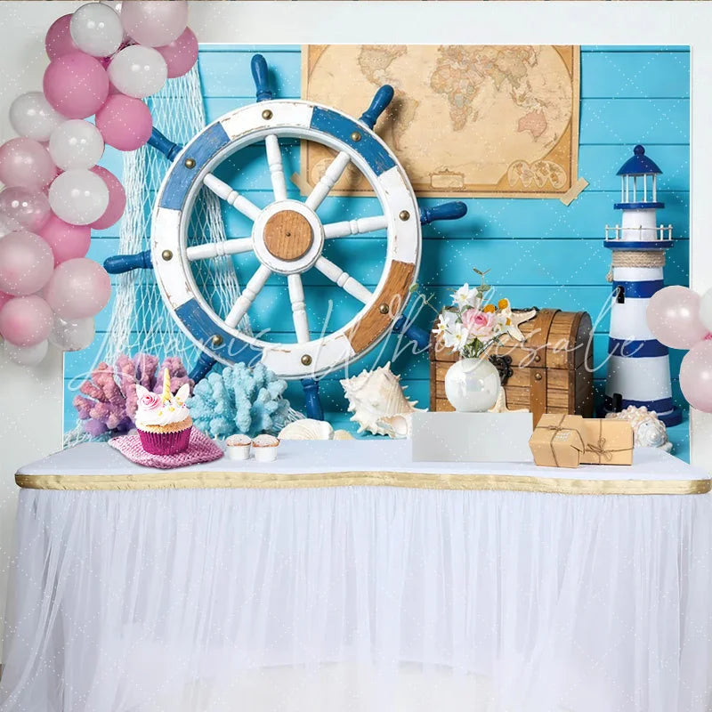 Lofaris Blue Wood Nautical Photography Backdrop with Ship Wheel and Lighthouse Ocean Theme Background for Studio Photoshoot and Party Decor