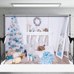 Lofaris Blue Wreath White Fireplace Wall Christmas Backdrop
