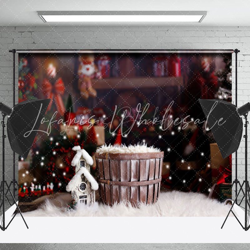 Lofaris Blurry Snowy Barrel Christmas Vibe Photo Backdrop