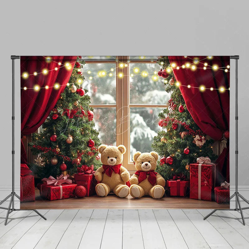 Lofaris Blurry Window Red Curtain Bear Christmas Backdrop