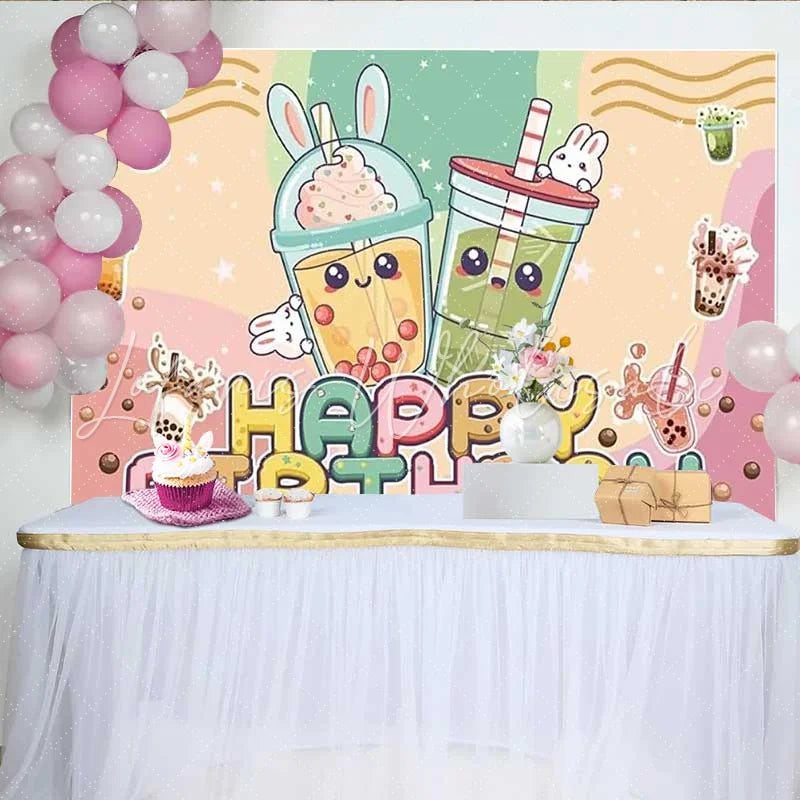 Lofaris Boba Tea Birthday Backdrop Cute Rabbits and Bubble Tea Party Background for Girls Teens