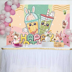 Lofaris Boba Tea Birthday Backdrop Cute Rabbits and Bubble Tea Party Background for Girls Teens