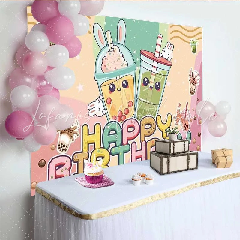 Lofaris Boba Tea Birthday Backdrop Cute Rabbits and Bubble Tea Party Background for Girls Teens
