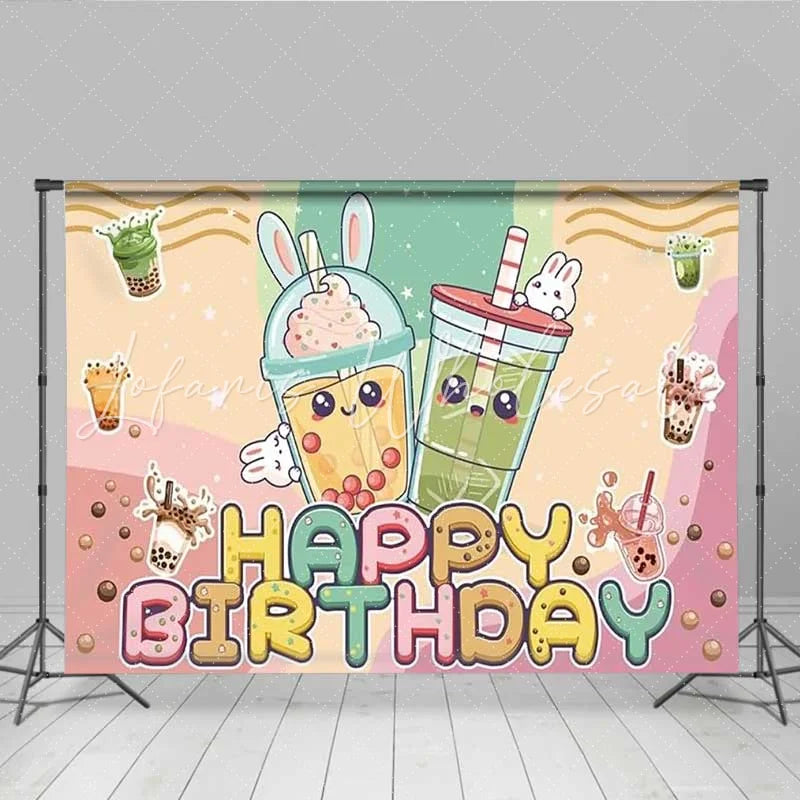 Lofaris Boba Tea Birthday Backdrop Cute Rabbits and Bubble Tea Party Background for Girls Teens
