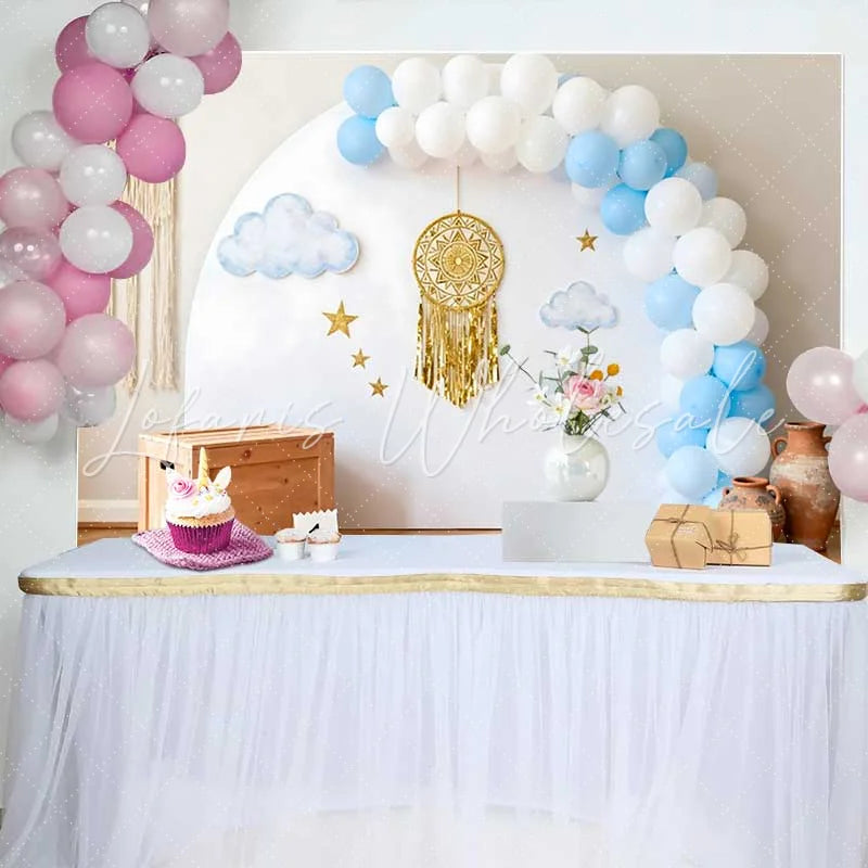 Lofaris Boho 1st Birthday Cake Smash Backdrop Blue and White Balloon Arch with Gold Dreamcatcher Decor