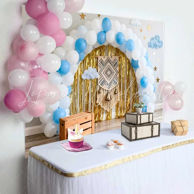 Lofaris Boho 1st Birthday Cake Smash Backdrop Blue and White Balloon Arch with Gold Fringe and Macrame