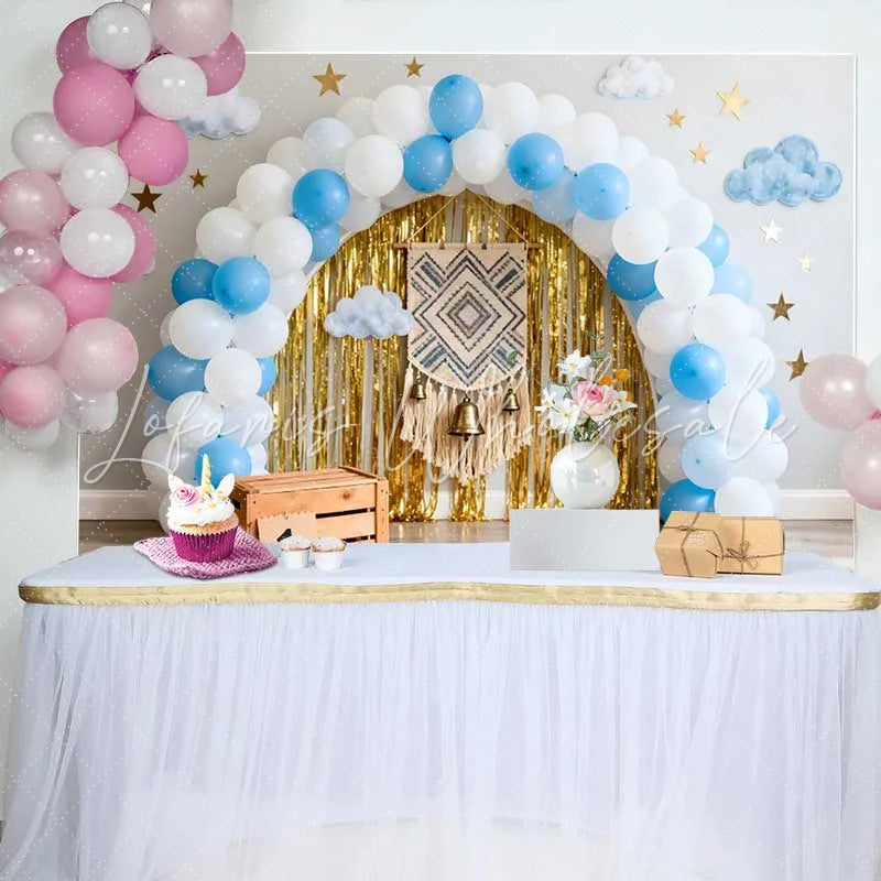 Lofaris Boho 1st Birthday Cake Smash Backdrop Blue and White Balloon Arch with Gold Fringe and Macrame