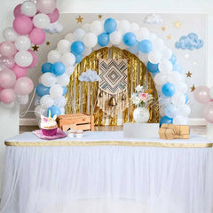 Lofaris Boho 1st Birthday Cake Smash Backdrop Blue and White Balloon Arch with Gold Fringe and Macrame
