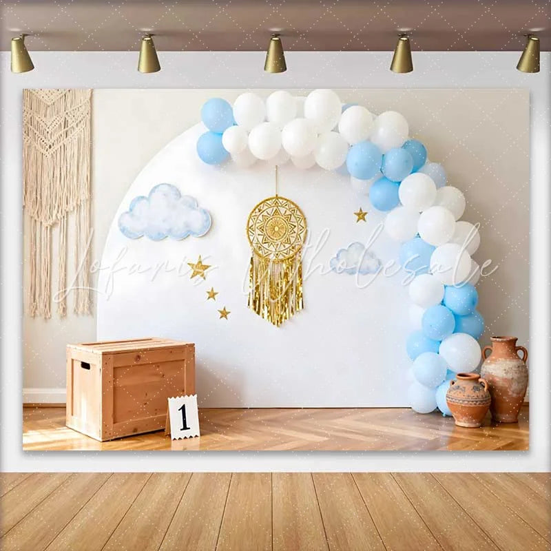 Lofaris Boho 1st Birthday Cake Smash Backdrop Blue and White Balloon Arch with Gold Dreamcatcher Decor