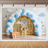 Lofaris Boho 1st Birthday Cake Smash Backdrop Blue and White Balloon Arch with Gold Fringe and Macrame