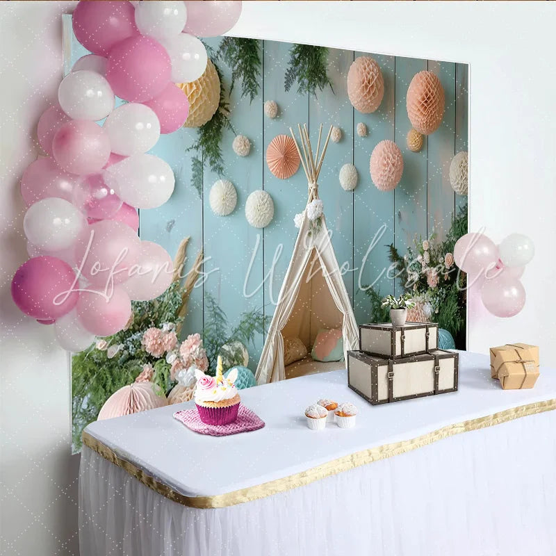 Lofaris Boho Baby Shower Backdrop with Teepee Tent and Pastel Honeycomb Decor Woodland Photography Background for Newborn Photoshoot
