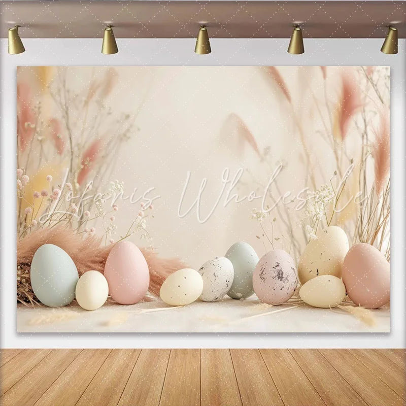 Lofaris Boho Easter Eggs Backdrop Cream Pampas Grass and Dried Floral Photography Background