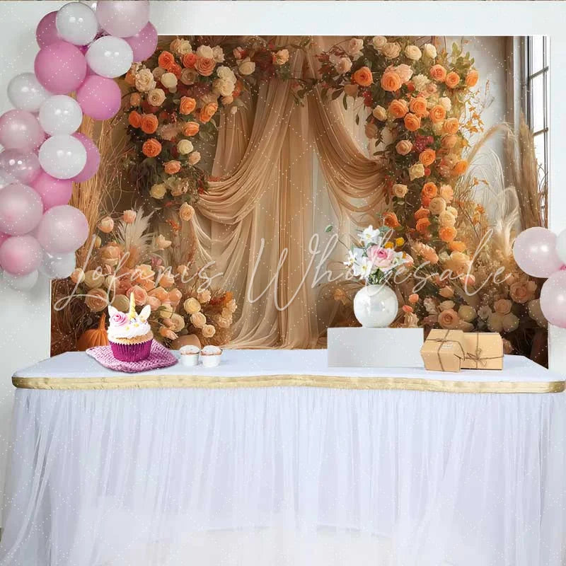 Lofaris Boho Fall Harvest Indoor Backdrop Elegant Draping and Orange Floral Party Decoration