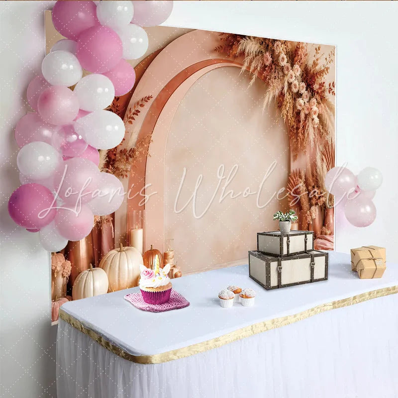 Lofaris Boho Floral Arch Photography Backdrop with Dried Pampas Grass and Roses Rustic Autumn Harvest Studio Background for Photoshoot