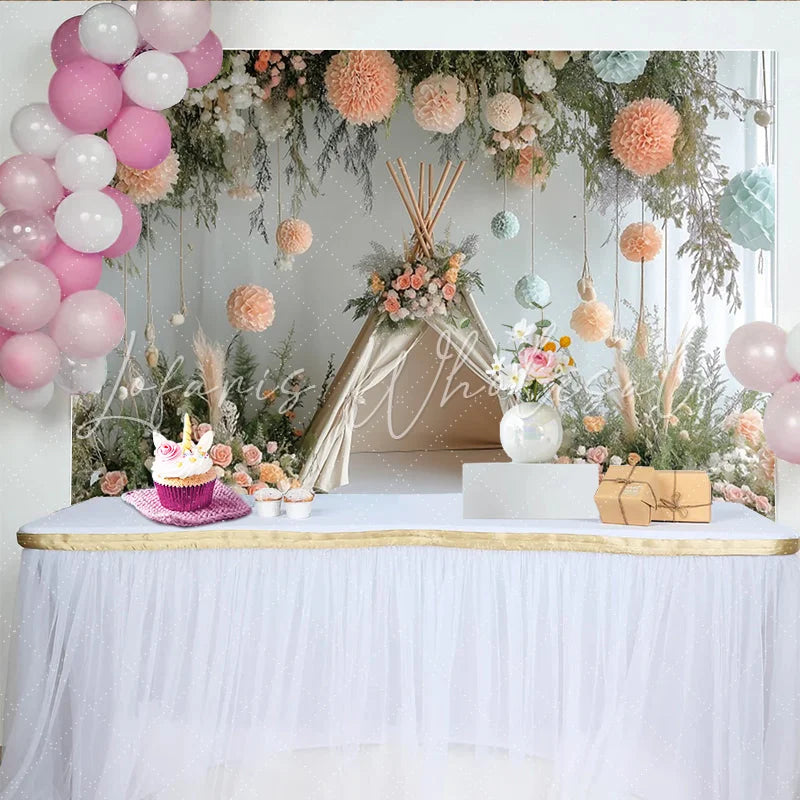 Lofaris Boho Floral Baby Shower Backdrop with Teepee and Peach Blue Decor Elegant Photography Background for Newborn Party