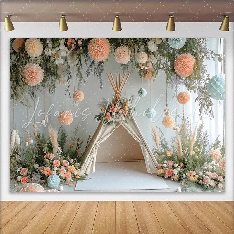 Lofaris Boho Floral Baby Shower Backdrop with Teepee and Peach Blue Decor Elegant Photography Background for Newborn Party