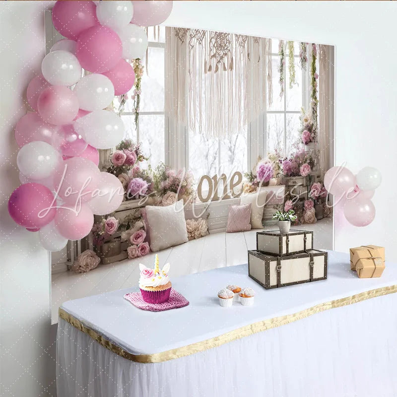 Lofaris Boho Floral First Birthday Backdrop with Macrame and Roses Elegant Party Decor for Baby Photoshoot