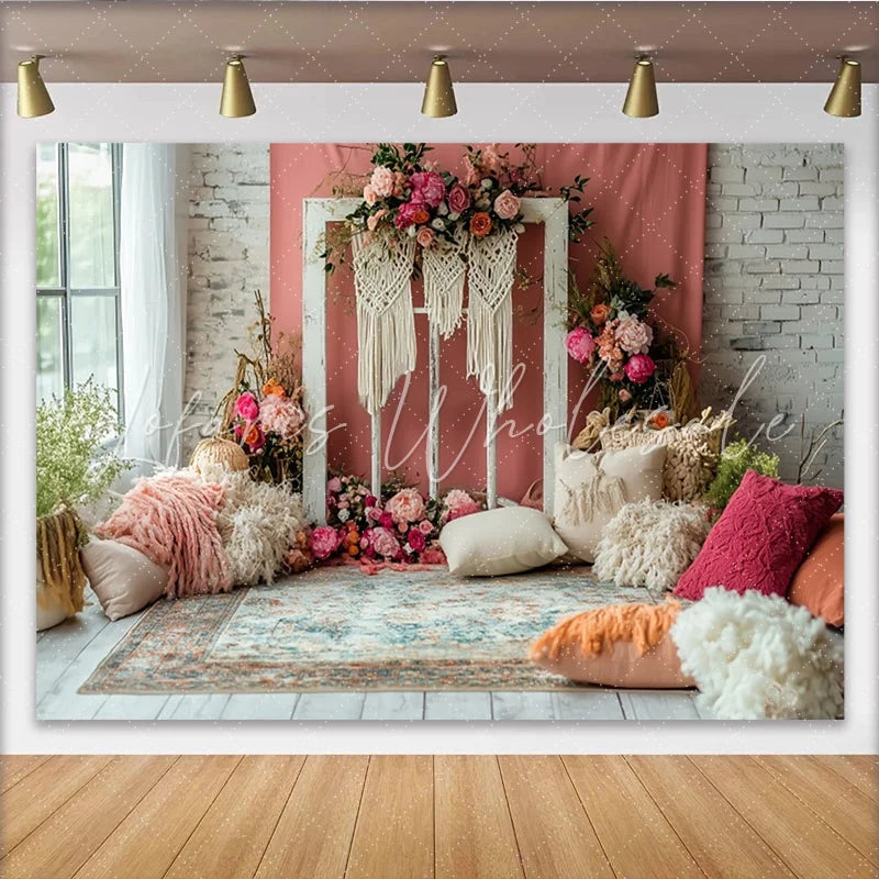 Lofaris Boho Floral Photography Backdrop with Pink Flowers and Macrame Window Frame Rustic Studio Background for Artistic Portrait