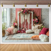 Lofaris Boho Floral Photography Backdrop with Pink Flowers and Macrame Window Frame Rustic Studio Background for Artistic Portrait