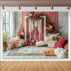 Lofaris Boho Floral Photography Backdrop with Pink Flowers and Macrame Window Frame Rustic Studio Background for Artistic Portrait