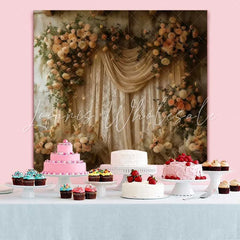 Lofaris Boho Floral Silk Backdrop Cream Drapery and Rose Arch with Candles for Wedding