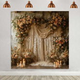 Lofaris Boho Floral Silk Backdrop Cream Drapery and Rose Arch with Candles for Wedding