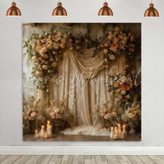 Lofaris Boho Floral Silk Backdrop Cream Drapery and Rose Arch with Candles for Wedding