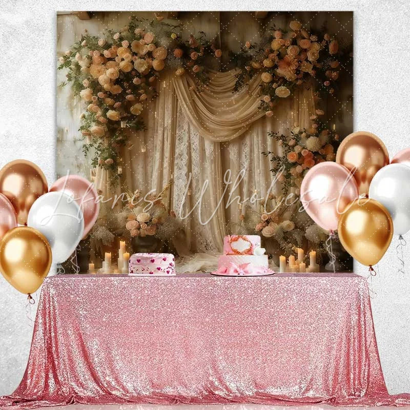 Lofaris Boho Floral Silk Backdrop Cream Drapery and Rose Arch with Candles for Wedding
