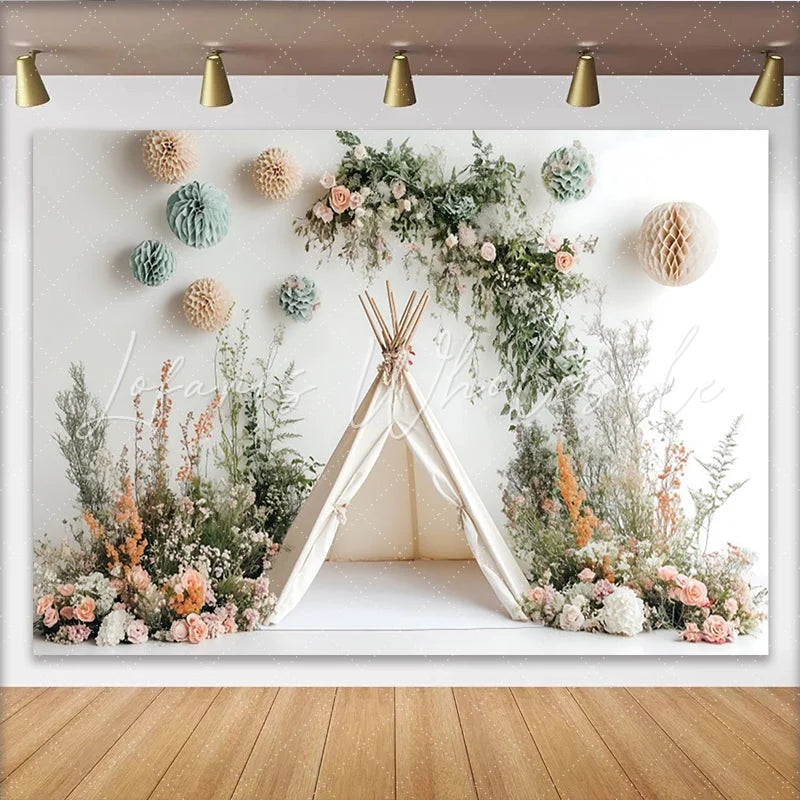 Lofaris Boho Floral Teepee Photography Backdrop with Pastel Flowers Whimsical Studio Background for Baby and Child Photoshoot