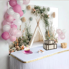 Lofaris Boho Floral Teepee Photography Backdrop with Pastel Flowers Whimsical Studio Background for Baby and Child Photoshoot