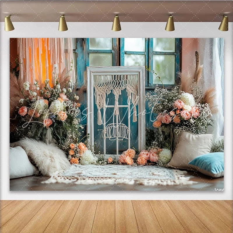 Lofaris Boho Floral Window Photography Backdrop with Macrame and Peach Flowers Elegant Studio Background for Photoshoot and Event Decor