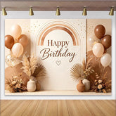 Lofaris Boho Happy Birthday Backdrop with Neutral Balloons and Pampas Grass Elegant Rustic Photography Background for Party Decoration