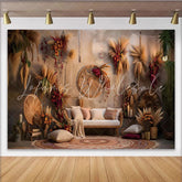 Lofaris Boho Home Interior Photography Backdrop Pampas Grass Wall Art and Sofa Photo Background