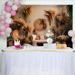 Lofaris Boho Living Room Backdrop Woven Wall Decor and Rattan Sofa with Pampa Grass