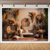 Lofaris Boho Living Room Backdrop Woven Wall Decor and Rattan Sofa with Pampa Grass