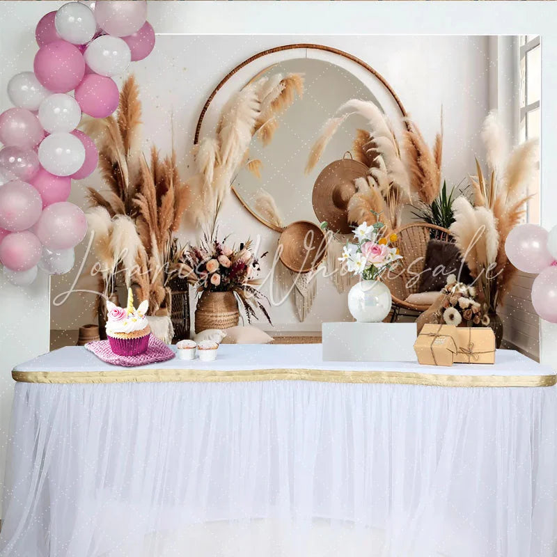 Lofaris Boho Living Room Photography Backdrop Pampas Grass and Mirror Interior Photo Background