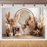 Lofaris Boho Living Room Photography Backdrop Pampas Grass and Mirror Interior Photo Background