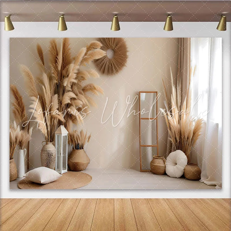Lofaris Boho Living Room Photography Backdrop Pampas Grass and Wicker Decor Photo Background