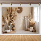 Lofaris Boho Living Room Photography Backdrop Pampas Grass and Wicker Decor Photo Background