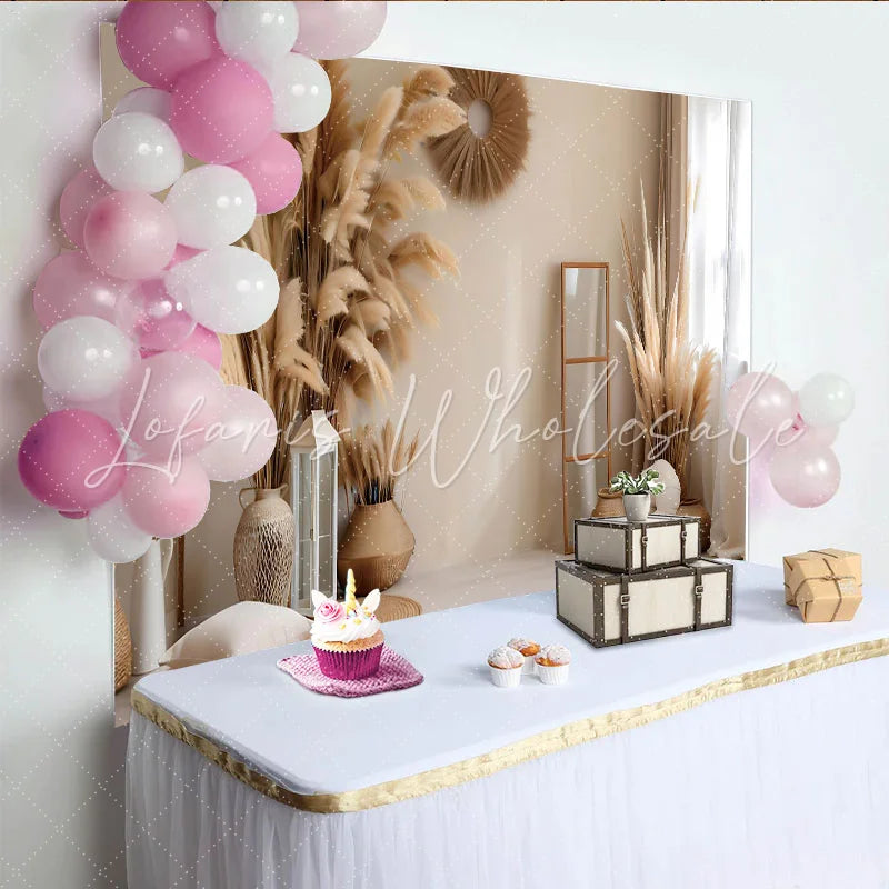 Lofaris Boho Living Room Photography Backdrop Pampas Grass and Wicker Decor Photo Background