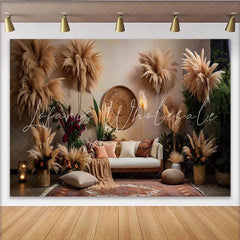 Lofaris Boho Living Room Set Backdrop Pampas Grass and Ethnic Decor Photography Background