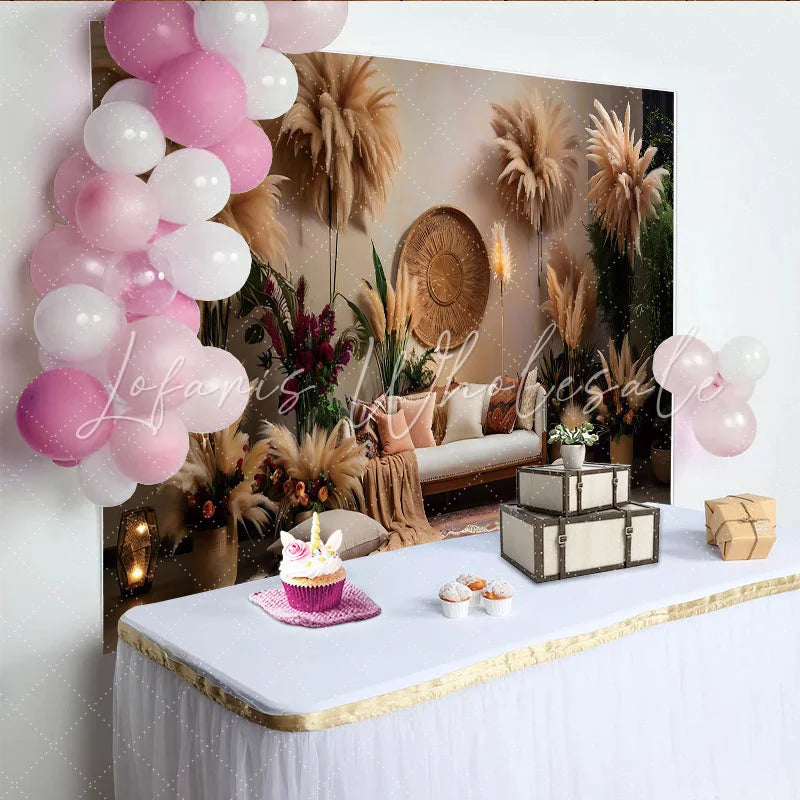 Lofaris Boho Living Room Set Backdrop Pampas Grass and Ethnic Decor Photography Background