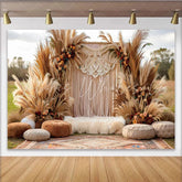 Lofaris Boho Macrame Arch Photography Backdrop Pampas Grass and Cushion Photo Background